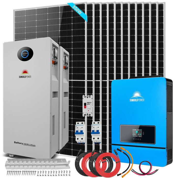 Sungold Power OFF GRID SOLAR KIT 12 X 550 WATTS SOLAR PANELS 20.48KWH-32.14KWH LITHIUM BATTERY 10KW SOLAR INVERTER 48VDC 120V/240V (SGR-10K25S)