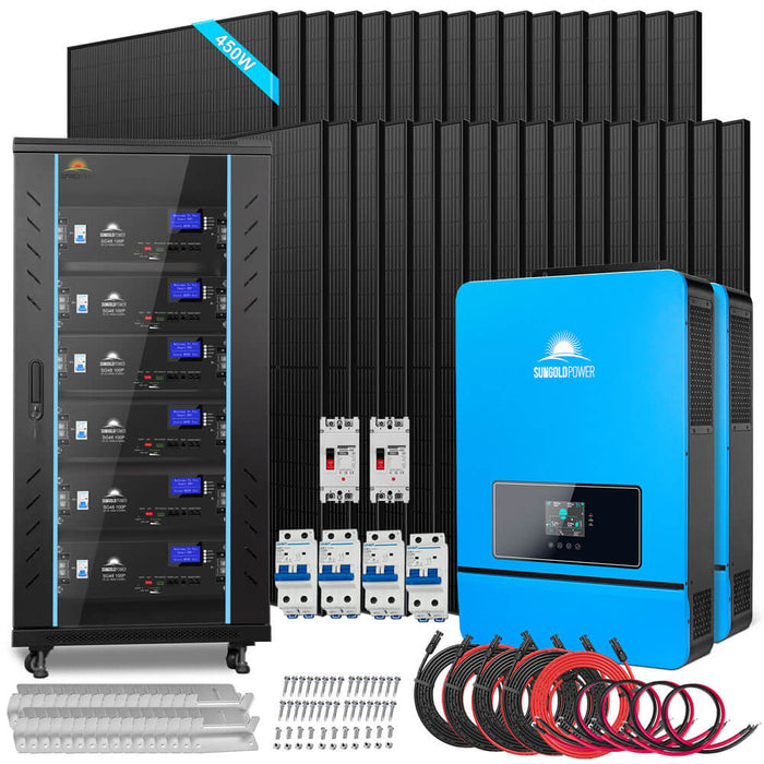 Sungold Power OFF GRID SOLAR KIT 20KW 48VDC 120V/240V LIFEPO4 30.72KWH-32.14KWH LITHIUM BATTERY 32 X 450 WATTS SOLAR PANELS (SGR-20K30E)