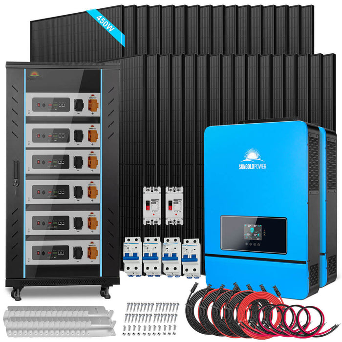 Sungold Power OFF GRID SOLAR KIT 20KW 48VDC 120V/240V LIFEPO4 30.72KWH-32.14KWH LITHIUM BATTERY 32 X 450 WATTS SOLAR PANELS (SGR-20K30E)