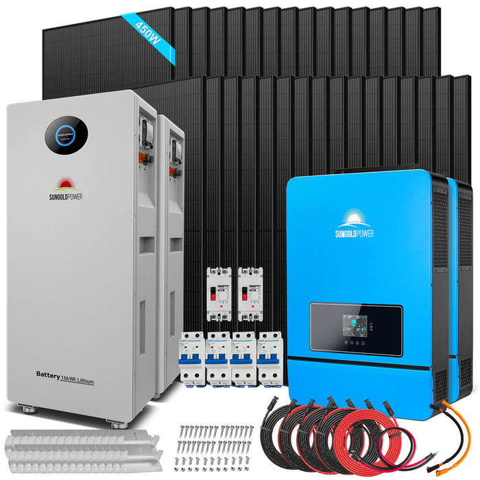 Sungold Power OFF GRID SOLAR KIT 20KW 48VDC 120V/240V LIFEPO4 30.72KWH-32.14KWH LITHIUM BATTERY 32 X 450 WATTS SOLAR PANELS (SGR-20K30E)