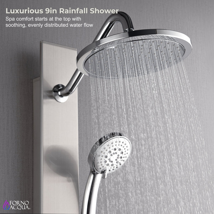 Forno AcquaSPA Shower Panel with SensoTemp, 9" Rainfall Shower Head, 5-in-1 Handheld Shower and 3 Body Jets in Stainless Steel