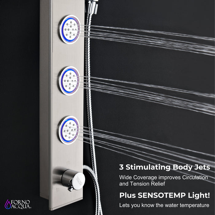 Forno AcquaSPA Shower Panel with SensoTemp, 9" Rainfall Shower Head, 5-in-1 Handheld Shower and 3 Body Jets in Stainless Steel