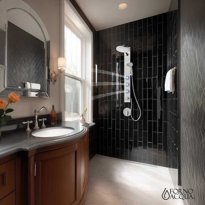 Forno AcquaSPA Shower Panel with SensoTemp, 9" Rainfall Shower Head, 5-in-1 Handheld Shower and 3 Body Jets in Stainless Steel