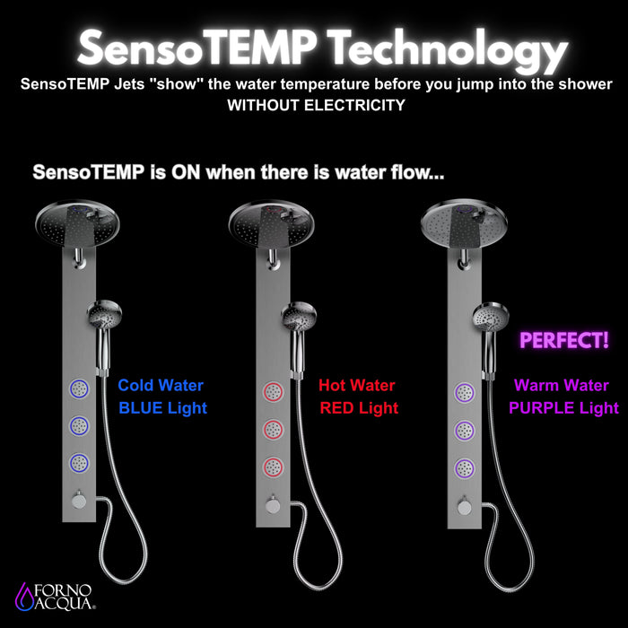 Forno AcquaSPA Shower Panel with SensoTemp, 9" Rainfall Shower Head, 5-in-1 Handheld Shower and 3 Body Jets in Stainless Steel