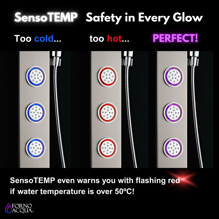 Forno AcquaSPA Shower Panel with SensoTemp, 9" Rainfall Shower Head, 5-in-1 Handheld Shower and 3 Body Jets in Stainless Steel