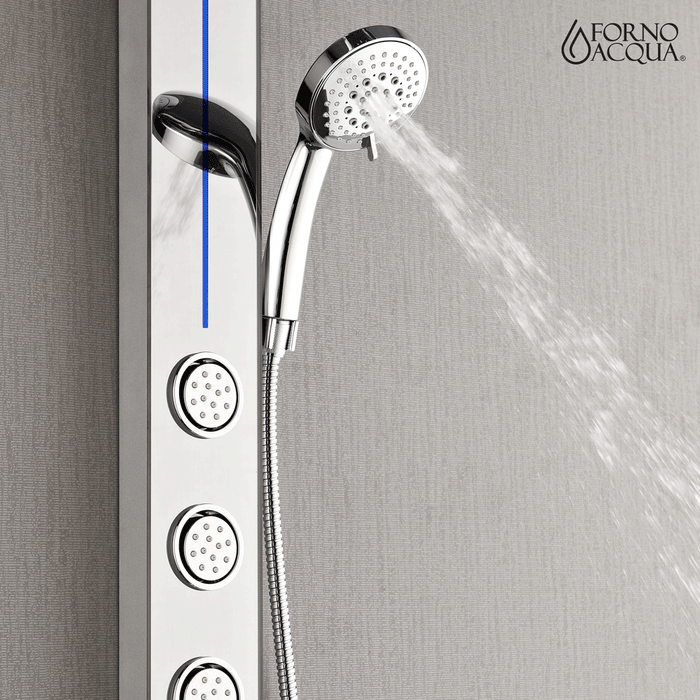 Forno AcquaSPA Shower Panel with SensoTemp, 9" Rainfall Shower Head, 5-in-1 Handheld Shower and 3 Body Jets in Mirrored Stainless Steel