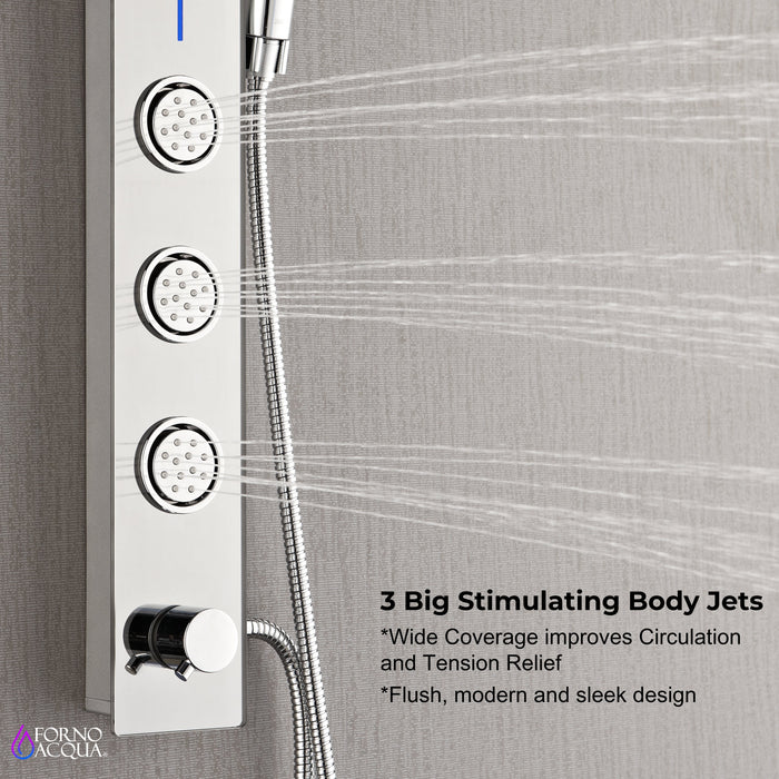 Forno AcquaSPA Shower Panel with SensoTemp, 9" Rainfall Shower Head, 5-in-1 Handheld Shower and 3 Body Jets in Mirrored Stainless Steel