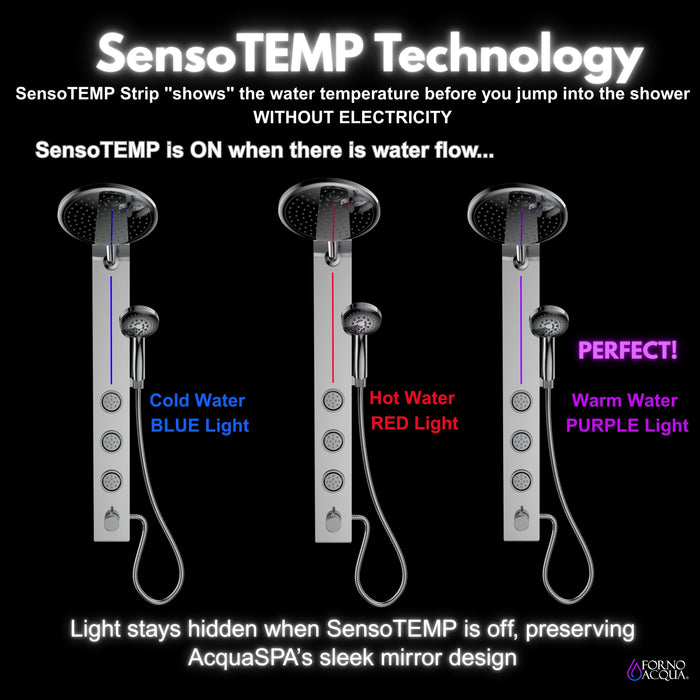 Forno AcquaSPA Shower Panel with SensoTemp, 9" Rainfall Shower Head, 5-in-1 Handheld Shower and 3 Body Jets in Mirrored Stainless Steel