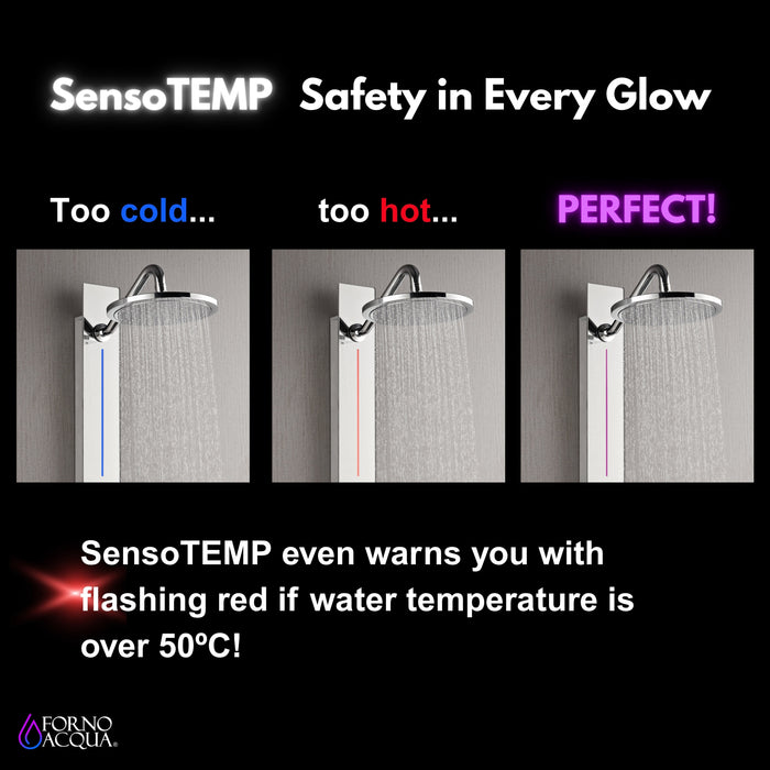 Forno AcquaSPA Shower Panel with SensoTemp, 9" Rainfall Shower Head, 5-in-1 Handheld Shower and 3 Body Jets in Mirrored Stainless Steel