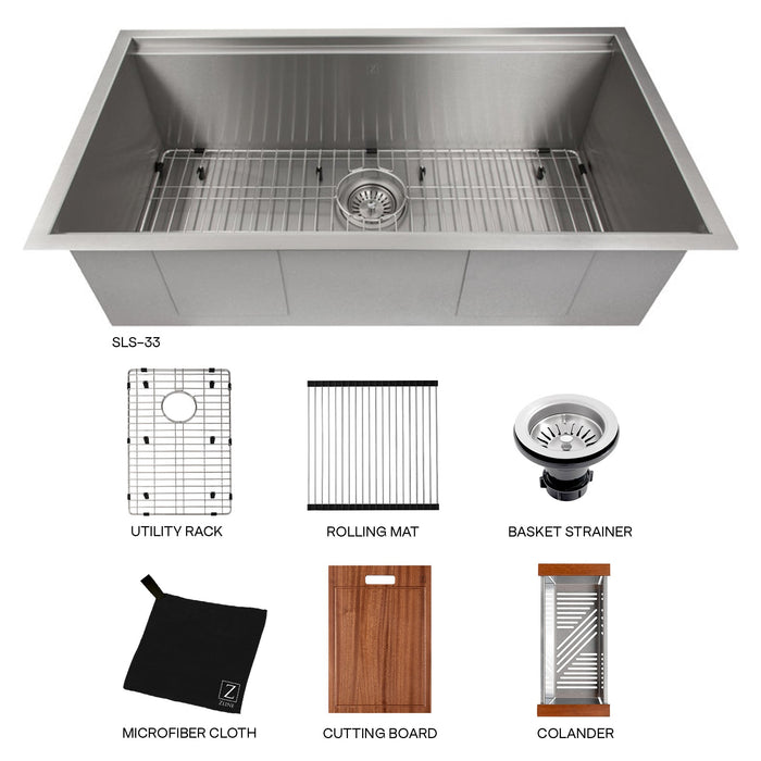 ZLINE 33 in. Garmisch Undermount Single Bowl Stainless Steel Kitchen Sink with Bottom Grid and Accessories (SLS-33)