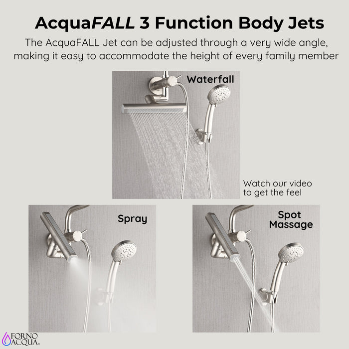 Forno AcquaFALL Mini Spa System with 9" Rainfall Shower Head, 5-in-1 Handheld Shower and 3 Function Body Jet in Brushed Nickel