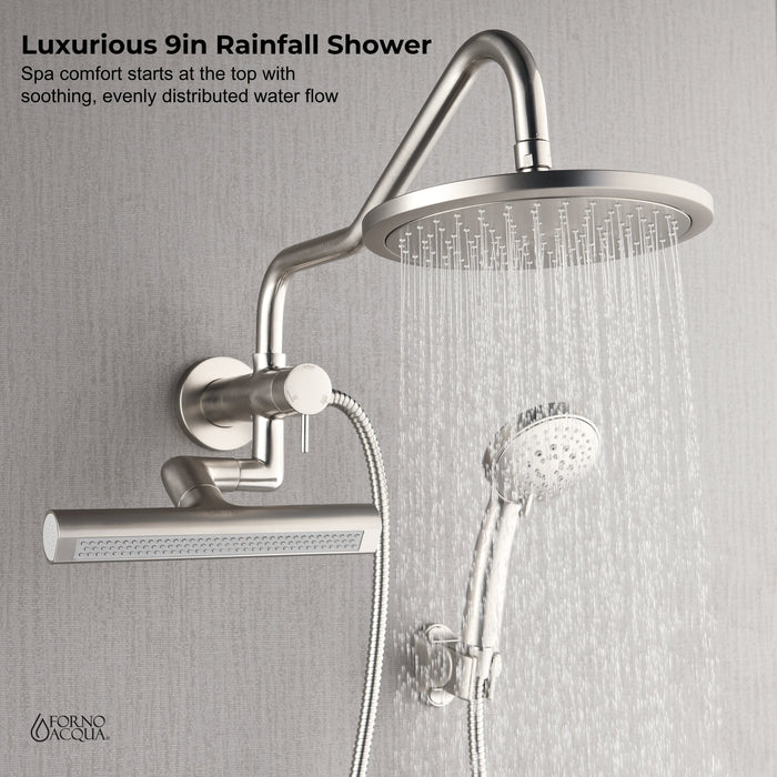 Forno AcquaFALL Mini Spa System with 9" Rainfall Shower Head, 5-in-1 Handheld Shower and 3 Function Body Jet in Brushed Nickel