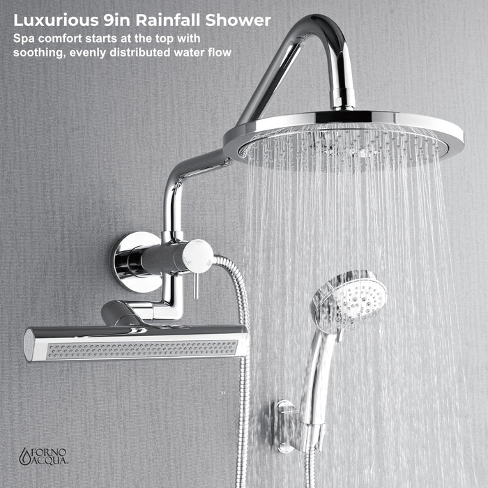 Forno AcquaFALL Mini Spa System with 9" Rainfall Shower Head, 5-in-1 Handheld Shower and 3 Function Body Jet in Polished Chrome