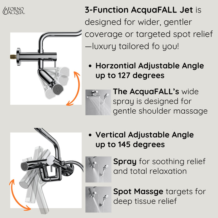 Forno AcquaFALL Mini Spa System with 8" 6 Function Rainfall Shower Head, 5-in-1 Handheld Shower and 3 Function Body Jet in Polished Chrome