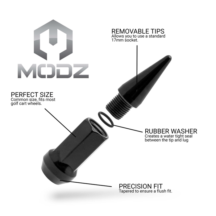 MODZ 16-Pack Black SPIKED Golf Cart Lug Nuts (Metric) for Yamaha, Evolution and Denago
