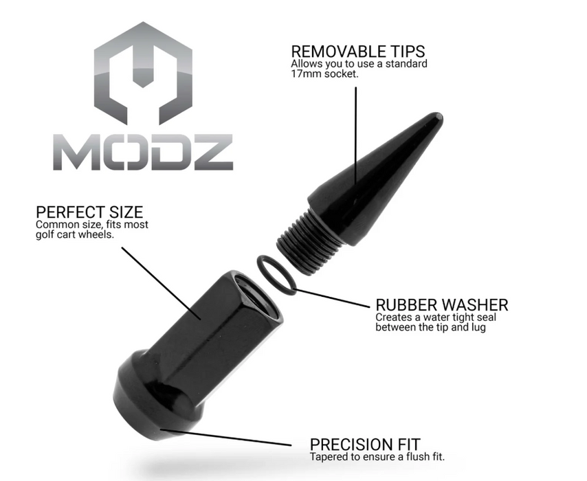 MODZ 16-Pack Black/Chrome SPIKED Golf Cart Lug Nuts - Standard/Metric Options