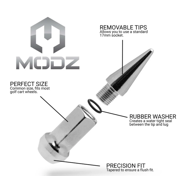 MODZ 16-Pack Black/Chrome SPIKED Golf Cart Lug Nuts - Standard/Metric Options