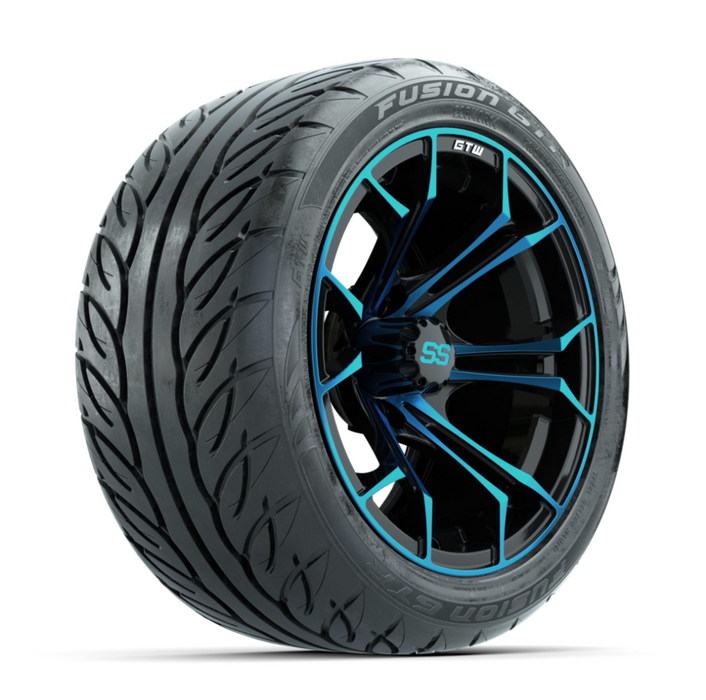 GTW Spyder Blue/Black 14 in Wheels with 225/40-R14 Fusion GTR Street Tires - Full Set
