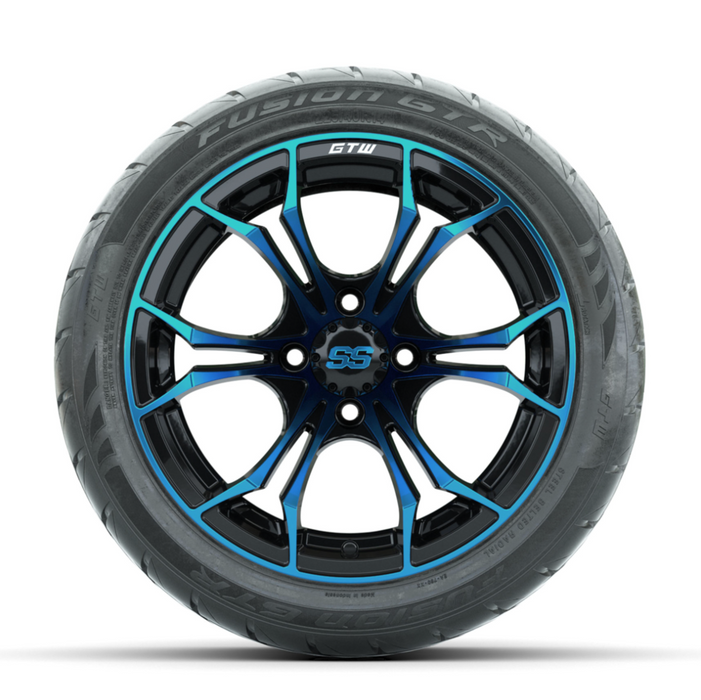 GTW Spyder Blue/Black 14 in Wheels with 225/40-R14 Fusion GTR Street Tires - Full Set