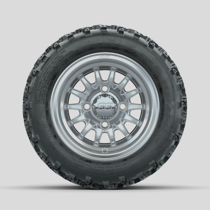 GTW Medusa Machined/Silver 10 in Wheels with 18x9.50-10 Rogue All Terrain Tires - Full Set