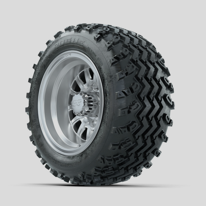 GTW Medusa Machined/Silver 10 in Wheels with 18x9.50-10 Rogue All Terrain Tires - Full Set
