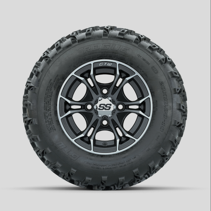 GTW Spyder Machined/Matte Grey 10 in Wheels with 20x10.00-10 Rogue All Terrain Tires - Full Set