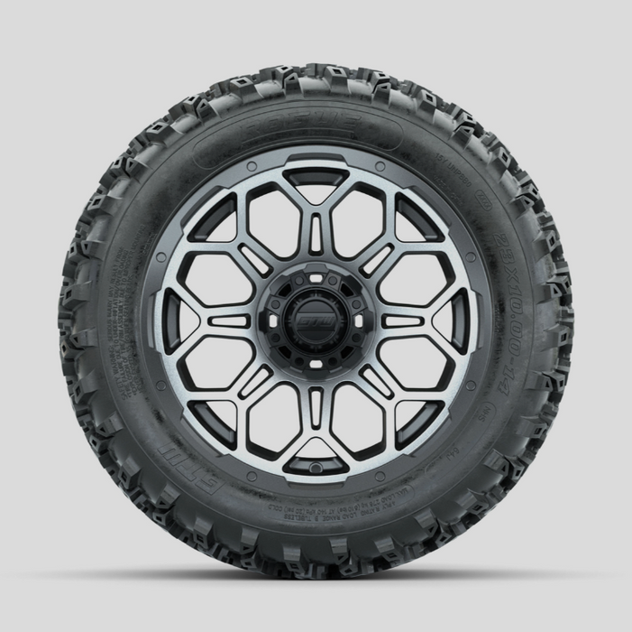 GTW Bravo Machined/Matte Grey 14 in Wheels with 23x10.00-14 Rogue All Terrain Tires - Full Set