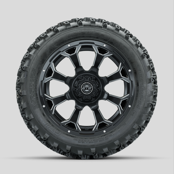 GTW Raven Ball Milled/Matte Black 14 in Wheels with 23x10.00-14 Rogue All Terrain Tires - Full Set