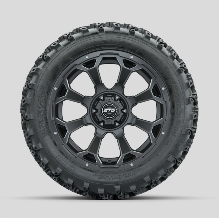 GTW Raven Ball Milled/Matte Grey 14 in Wheels with 23x10.00-14 Rogue All Terrain Tires - Full Set