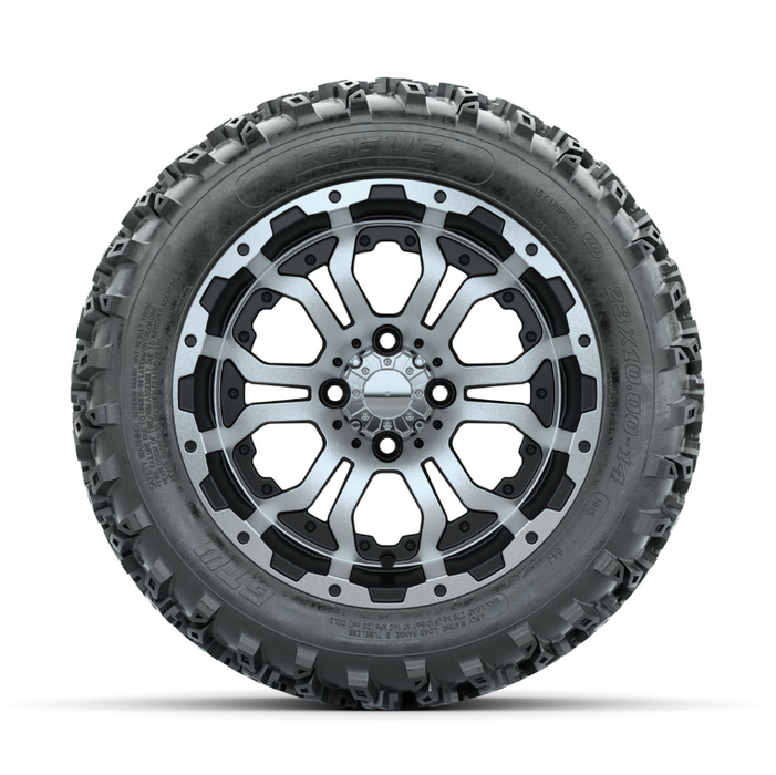 GTW Omega Machined/Black 14 in Wheels with 23x10.00-14 Rogue All Terrain Tires - Full Set