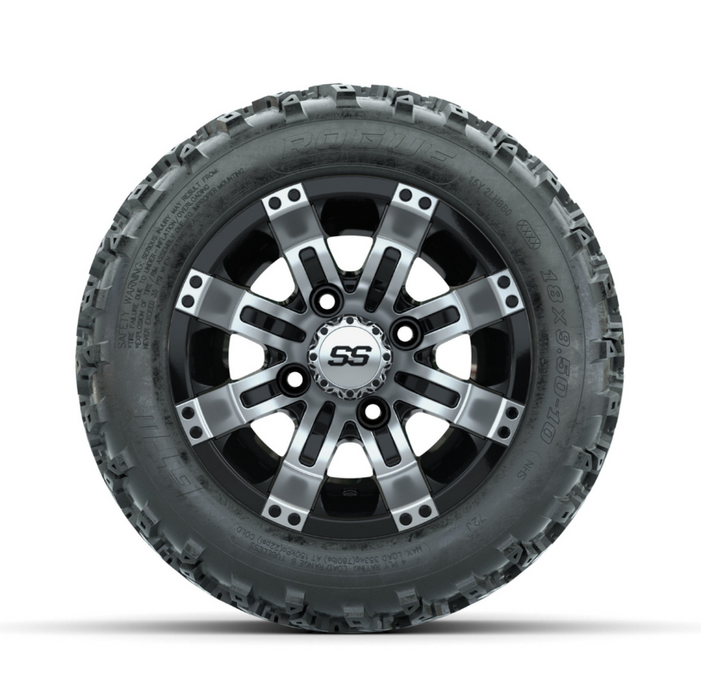 GTW Tempest Machined/Black 10 in Wheels with 18x9.50-10 Rogue All Terrain Tires - Full Set