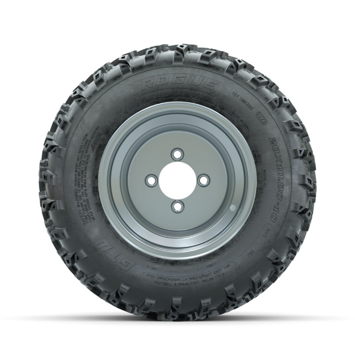 GTW Steel Silver 3:5 Offset 10 in Wheels with 20x10.00-10 Rogue All Terrain Tires - Full Set