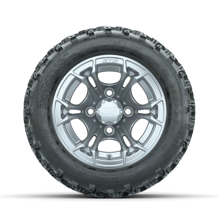 GTW Spyder Silver 10 in Wheels with 18x9.50-10 Rogue All Terrain Tires - Full Set
