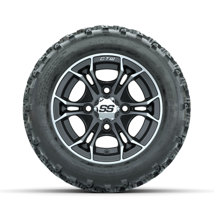 GTW Spyder Machined/Matte Grey 10 in Wheels with 18x9.50-10 Rogue All Terrain Tires - Full Set