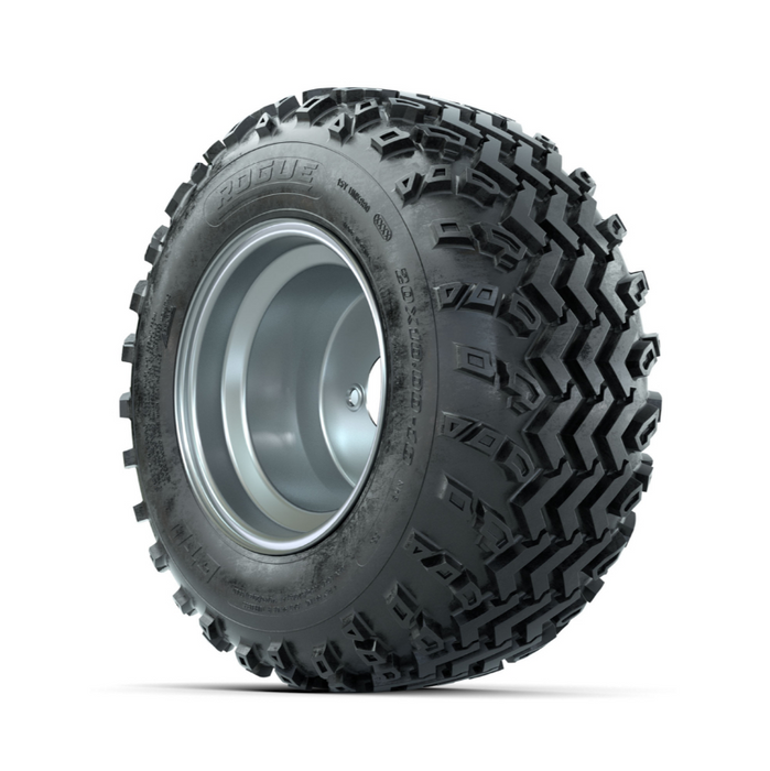 GTW Steel Silver 3:5 Offset 10 in Wheels with 20x10.00-10 Rogue All Terrain Tires - Full Set