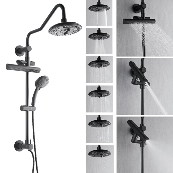 Forno AcquaFALL Traditional Arm Shower System with 8" 6 Function Rainfall Shower Head, 5-in-1 Handheld Shower and 3 Function Body Jet in Matte Black