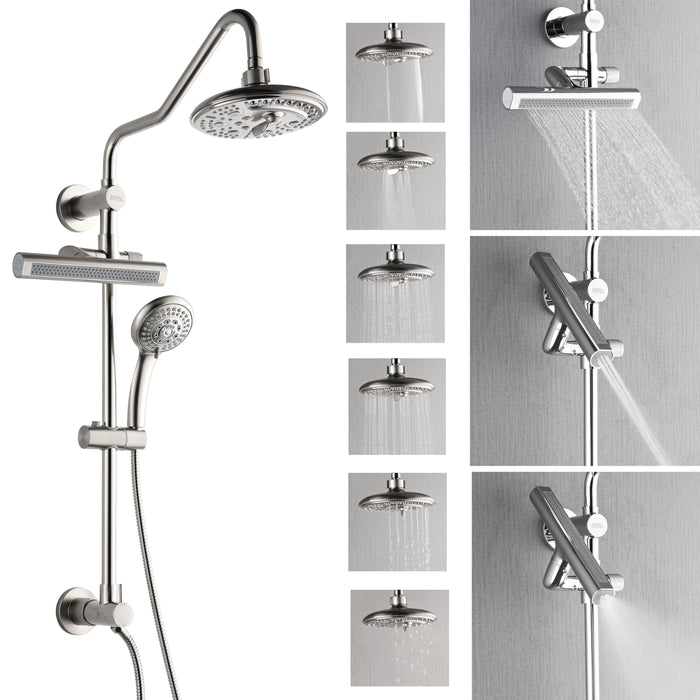 Forno AcquaFALL Traditional Arm Shower System with 8" 6 Function Rainfall Shower Head, 5-in-1 Handheld Shower and 3 Function Body Jet in Brushed Nickel