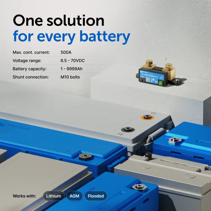 Victron SmartShunt 500A/50mV Bluetooth Battery Monitor – Smart Battery Shunt for RV, Solar, Marine & Off-Grid Systems