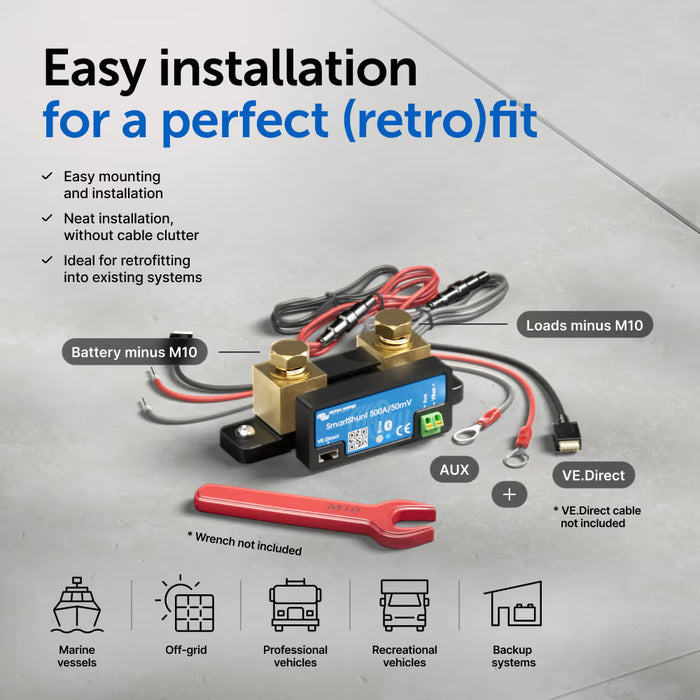 Victron SmartShunt 500A/50mV Bluetooth Battery Monitor – Smart Battery Shunt for RV, Solar, Marine & Off-Grid Systems