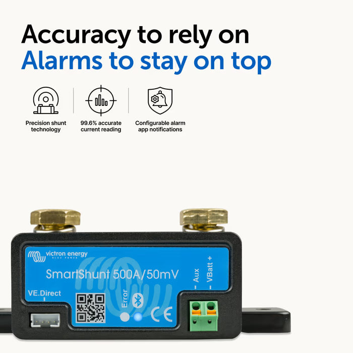 Victron SmartShunt 500A/50mV Bluetooth Battery Monitor – Smart Battery Shunt for RV, Solar, Marine & Off-Grid Systems