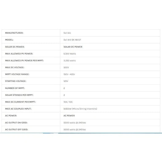 Sol-Ark 5kW Hybrid On/Off-Grid Inverter | Up to 6,500W PV Solar Panels, 5-Year Standard Warranty, Indoor/Outdoor NEMA-3R