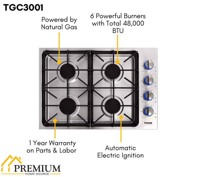 Thor Kitchen 30 in. Drop-in Natural Gas Cooktop With 4 Burners in Stainless Steel - LP Convertible (TGC3001)