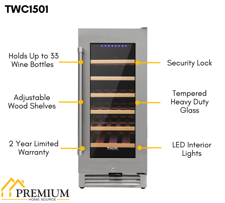 Thor Kitchen 15" Single Zone Wine Cooler - 33 Bottle Capacity (TWC1501)