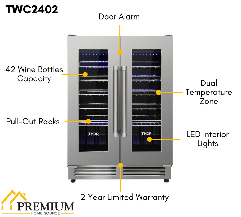 Thor Kitchen 24" 42 Bottle Dual Zone Built-in Wine Cooler - 42 Bottle Capacity (TWC2402)
