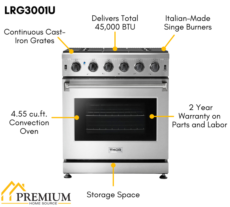 Thor Kitchen 30 in. 4.55 cu. ft. Professional Natural Gas / Propane Gas Range in Stainless Steel, LRG3001U & LRG3001ULP