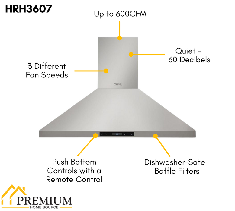 Thor Kitchen 36" Wall Mount Range Hood in Stainless Steel (HRH3607)