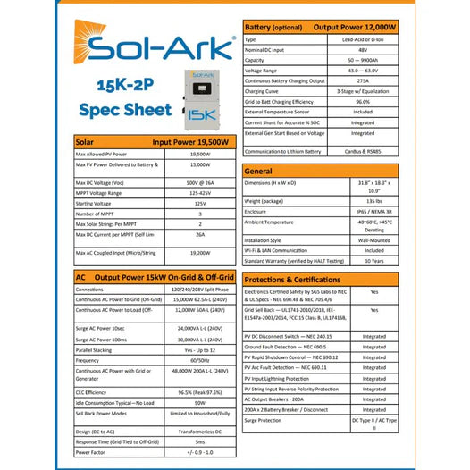 2 x Sol-Ark 15K 120/240/208V 48V [All-In-One] Pre-Wired Hybrid Solar Inverters | 10-Year Warranty