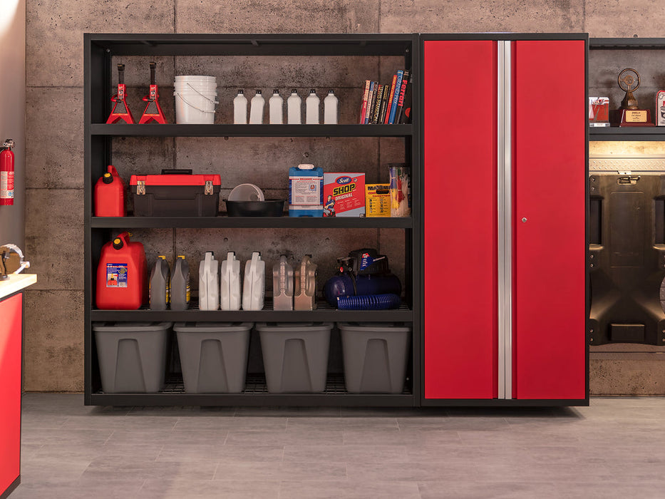 NewAge Pro Series 9 Piece Cabinet Set with Wall, Base, Tool Drawer Cabinet, Lockers, Utility Cart and 84 in. Worktop