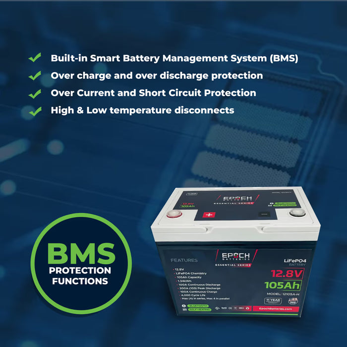 Epoch Batteries 12V 105Ah Essential Series - Bluetooth & Heated LiFePO4 Battery