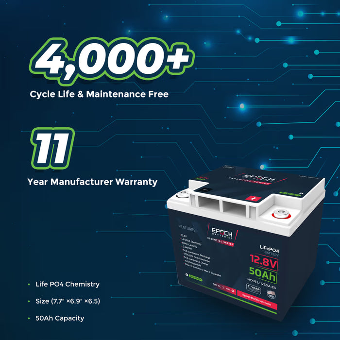 Epoch Batteries 12V 50Ah Essential Series - Bluetooth LiFePO4 Battery